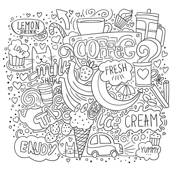 Estilo libre de café y dulces ilustración. Dibujo en blanco y negro con bebidas, frutas, gatos, corazones y letras — Archivo Imágenes Vectoriales