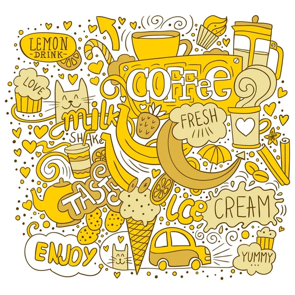 Estilo libre de café y dulces ilustración. Dibujo dibujado a mano amarillo y blanco con bebidas, frutas, gatos, corazones y letras — Archivo Imágenes Vectoriales