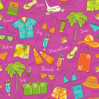 Beach Tatil sorunsuz vektör desen. Mayo, güneş gözlüğü, kokteyller, çanta, şapka, haritalar ile renkli yaz seyahat arka plan, palmiye ağaçları ve uçak