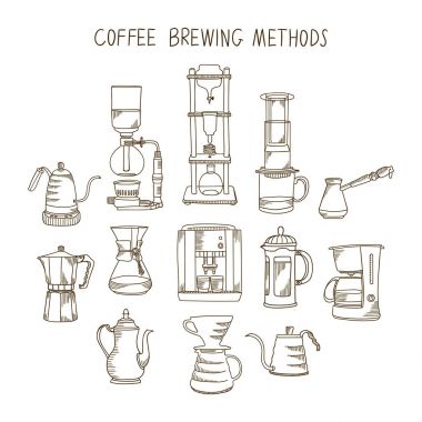 Alternative coffee brewing methods big illustration set. Collection of vector percolators, pots and kettles in sketch style clipart