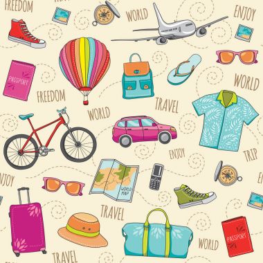Dünya seyahat vektör seamless modeli. Renkli arka plan ile el çekilmiş tatil öğeleri
