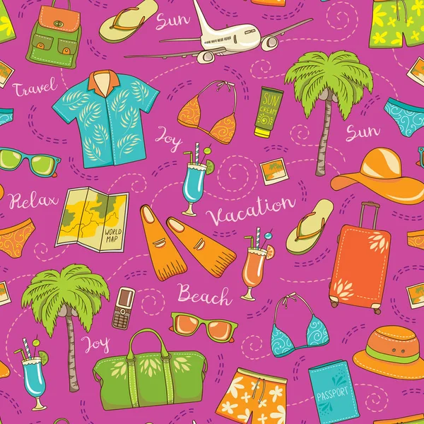 Beach vacation seamless vector pattern. Colorful summer travel background with swimsuits, sunglasses, cocktails, bags, hats, maps, palm trees and planes — Stock Vector