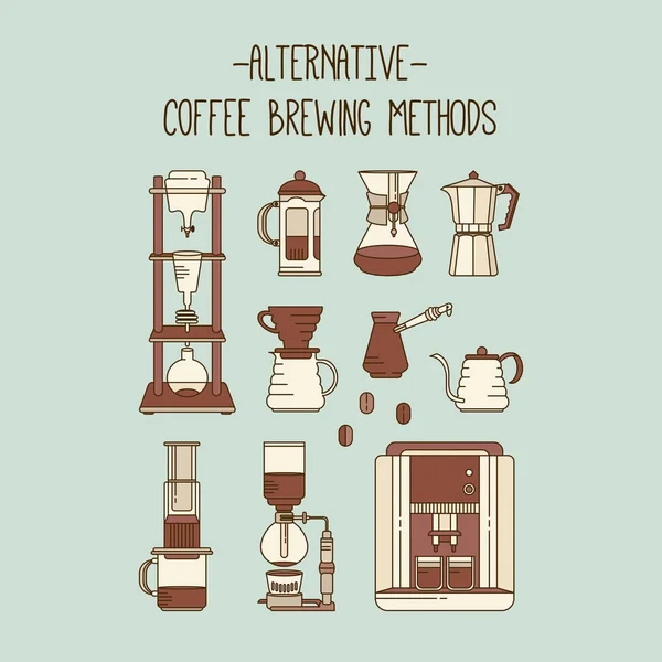 Set illustrazione metodi alternativi di preparazione del caffè. Collezione di percolatori vettoriali, pentole e bollitori icone — Vettoriale Stock