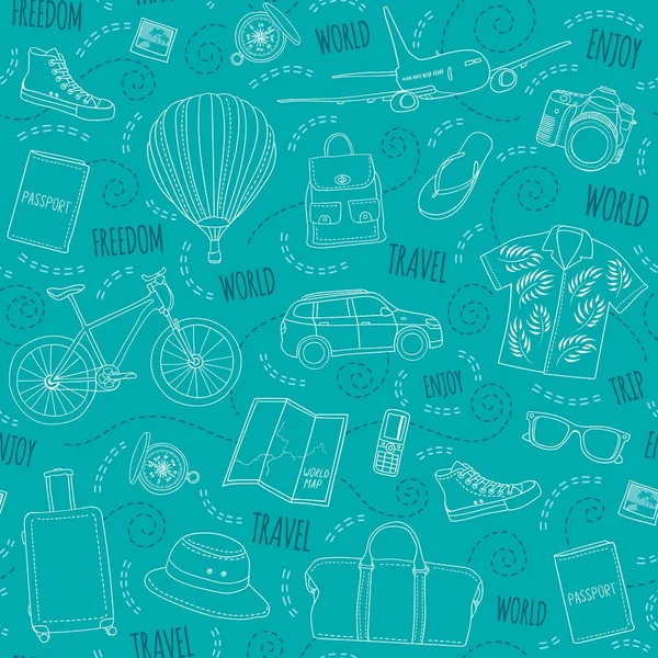 Weltreisende Vektor nahtlose Muster. blauer Hintergrund mit handgezeichneten Urlaubselementen — Stockvektor