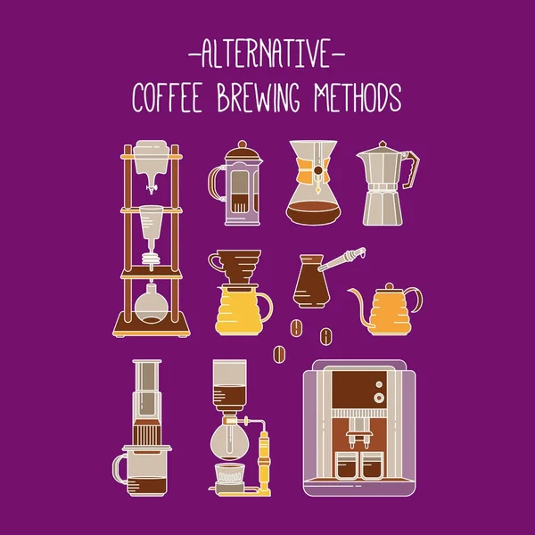 Set illustrazione metodi alternativi di preparazione del caffè. Collezione di colorati percolatori vettoriali, pentole e bollitori icone — Vettoriale Stock