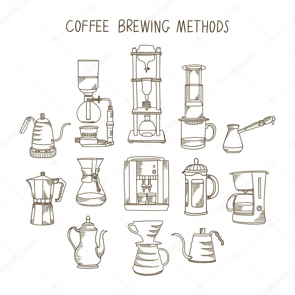 Alternative coffee brewing methods big illustration set. Collection of vector percolators, pots and kettles in sketch style