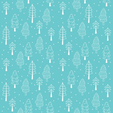   Orman sorunsuz vektör desen pines. El kış arka plan Noel ağaçları doodle tarzında çekilmiş.