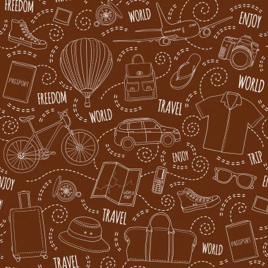 Dünya seyahat vektör seamless modeli. Kahverengi zemin ile çizilmiş tatil öğeleri ver. Yolculuk tasarlamak ulaşım, çanta, Giysi, Ayakkabı, haritalar, Pasaportlar, kameralar ve pergel ile