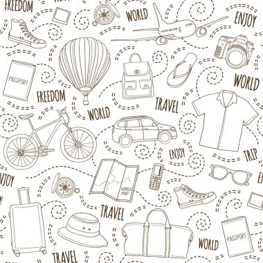 Dünya seyahat vektör seamless modeli. Beyaz arka plan brown ile çizilmiş tatil öğeleri ver. Yolculuk tasarlamak ulaşım, çanta, Giysi, Ayakkabı, haritalar, Pasaportlar, kameralar ve pergel ile