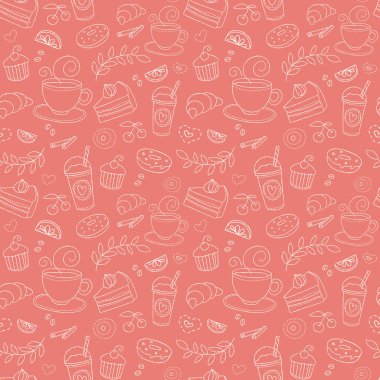 Kahve ve tatlı Dikişsiz desen vektör. Tek renkli pembe arka plan beyaz bardak, tatlılar, çilek, meyve ve öğeleri bitkiler. İçecek ve gıda tasarım doku doodle kroki tarzı