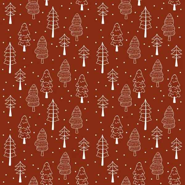 Bosque pinos patrón de vectores sin costura. Fondo de invierno dibujado a mano árboles de Navidad en estilo garabato — Vector de stock