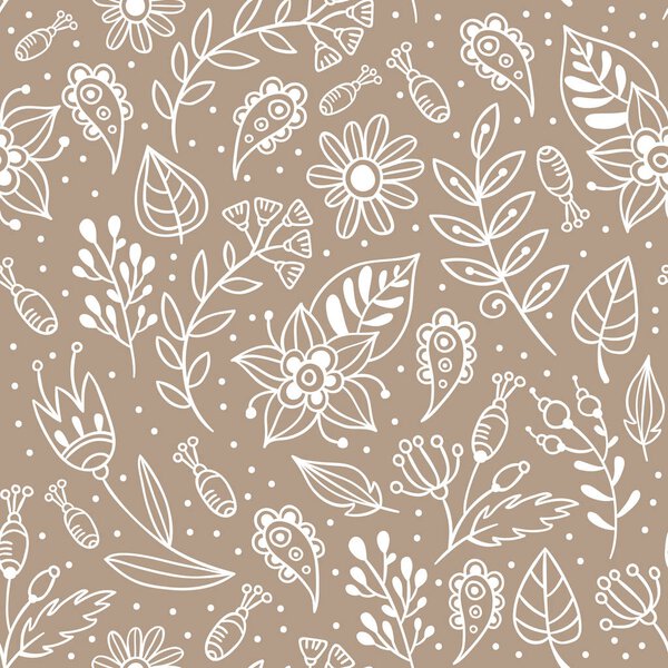 Flowers and herbs vector seamless pattern. Floral background with beige and white leaves and plants. Hand drawn botanic texture in doodle style