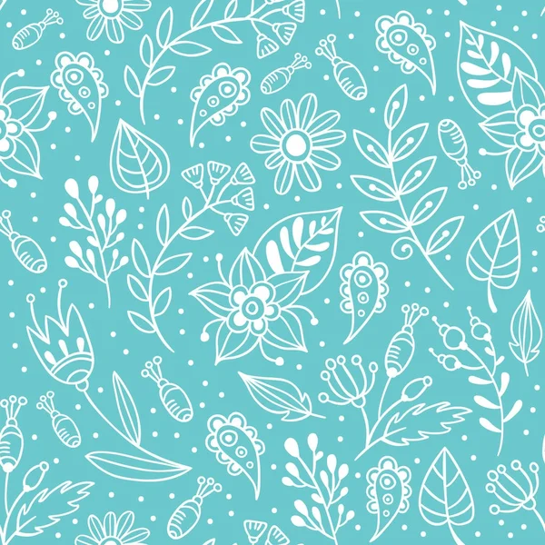 花和草本矢量无缝花纹 花的背景有蓝色和白色的叶子和植物 手绘式植物纹理 — 图库矢量图片