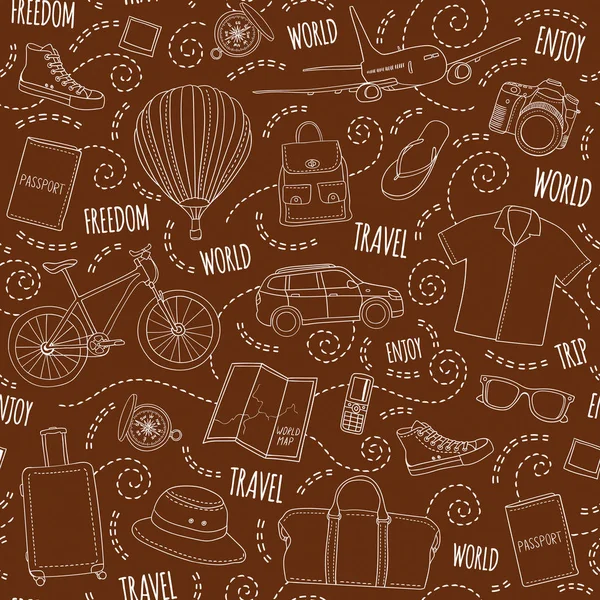 Dünya seyahat vektör seamless modeli. Kahverengi zemin ile çizilmiş tatil öğeleri ver. Yolculuk tasarlamak ulaşım, çanta, Giysi, Ayakkabı, haritalar, Pasaportlar, kameralar ve pergel ile