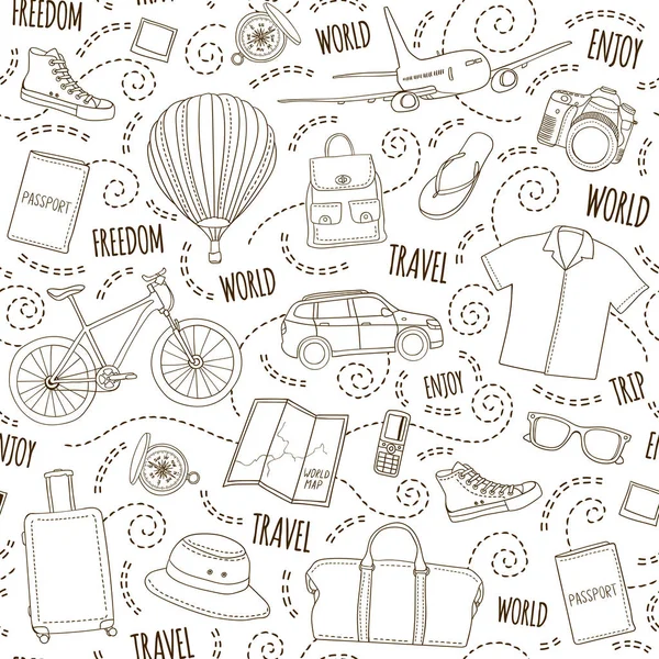 Dünya seyahat vektör seamless modeli. Beyaz arka plan brown ile çizilmiş tatil öğeleri ver. Yolculuk tasarlamak ulaşım, çanta, Giysi, Ayakkabı, haritalar, Pasaportlar, kameralar ve pergel ile
