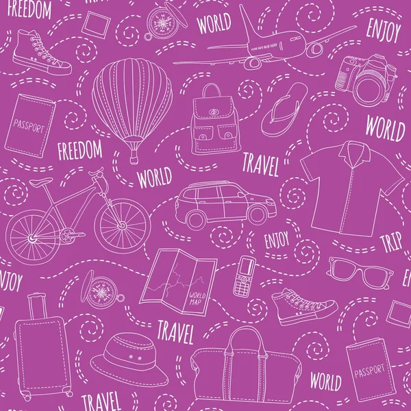 Dünya seyahat vektör seamless modeli. Mor arka plan ile çizilmiş tatil öğeleri ver. Yolculuk tasarlamak ulaşım, çanta, Giysi, Ayakkabı, haritalar, Pasaportlar, kameralar ve pergel ile