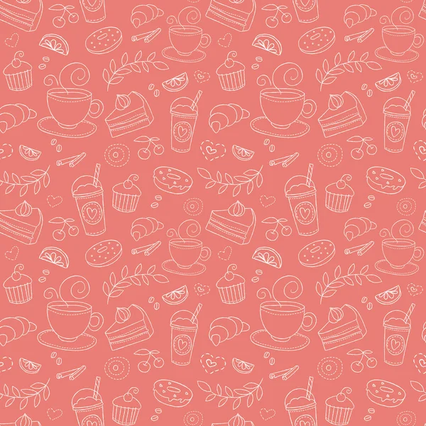 Kahve ve tatlı Dikişsiz desen vektör. Tek renkli pembe arka plan beyaz bardak, tatlılar, çilek, meyve ve öğeleri bitkiler. İçecek ve gıda tasarım doku doodle kroki tarzı