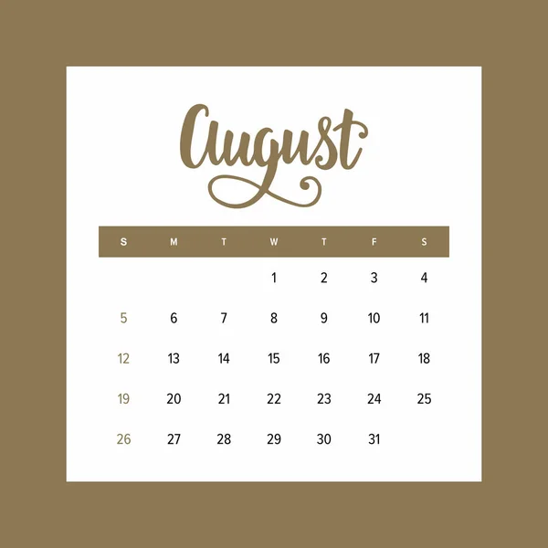 Calendario 2018 Agosto Plantilla Diseño Elegante Mes Del Año Con — Vector de stock