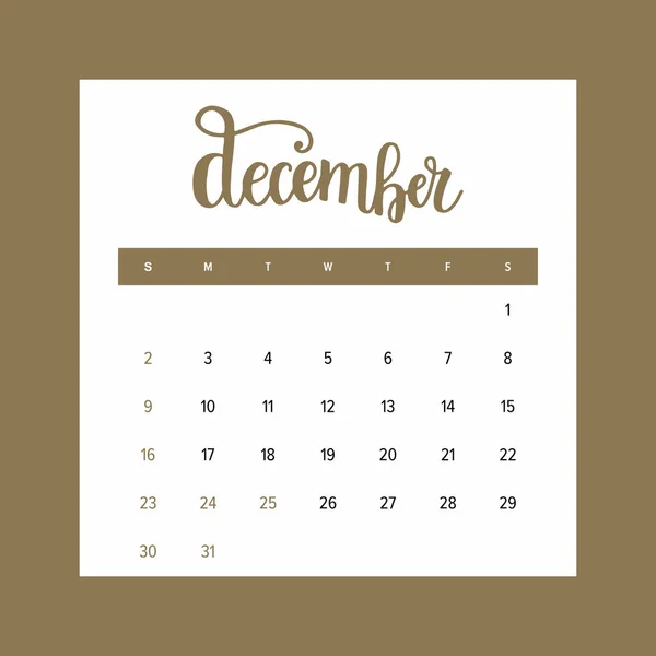 Calendario 2018 Diciembre Plantilla Diseño Elegante Mes Del Año Con — Vector de stock