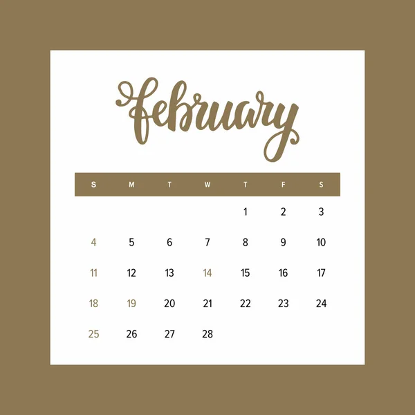 Calendario 2018 Febrero Plantilla Diseño Elegante Mes Del Año Con — Vector de stock