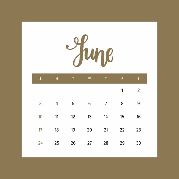 Calendario 2018 Junio Plantilla Diseño Elegante Mes Del Año Con — Vector de stock