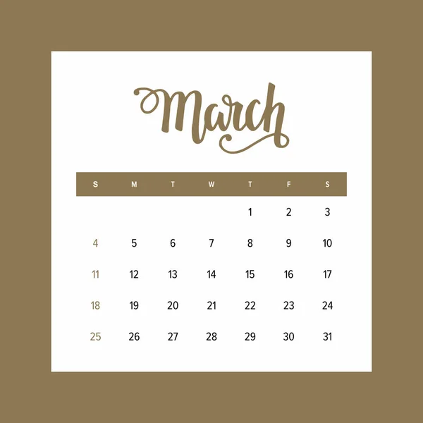 Calendar 2018 March Één Maand Van Het Jaar Elegante Ontwerpsjabloon — Stockvector
