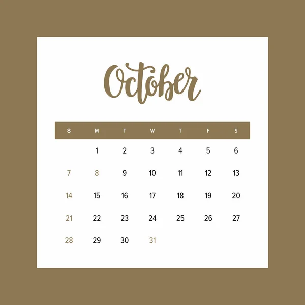 Calendar 2018 October One Month Year Elegant Design Template Hand — Stock Vector