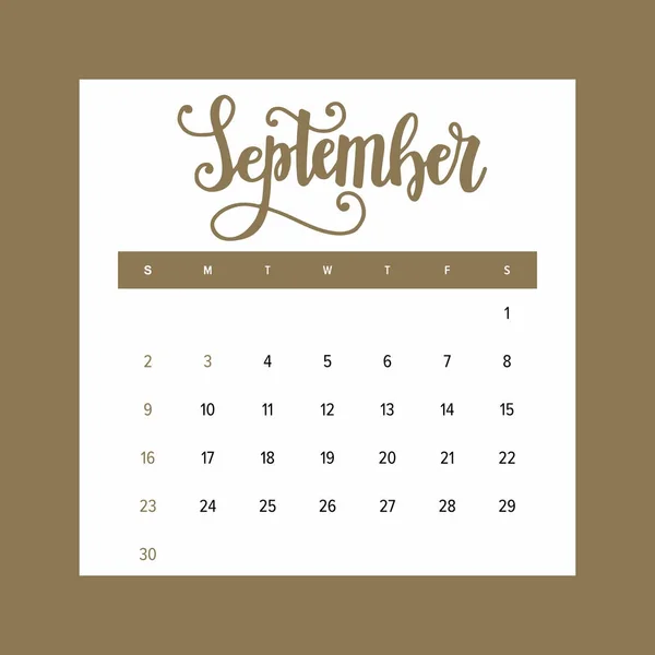Calendrier 2018 Septembre Mois Année Élégant Modèle Conception Avec Lettrage — Image vectorielle
