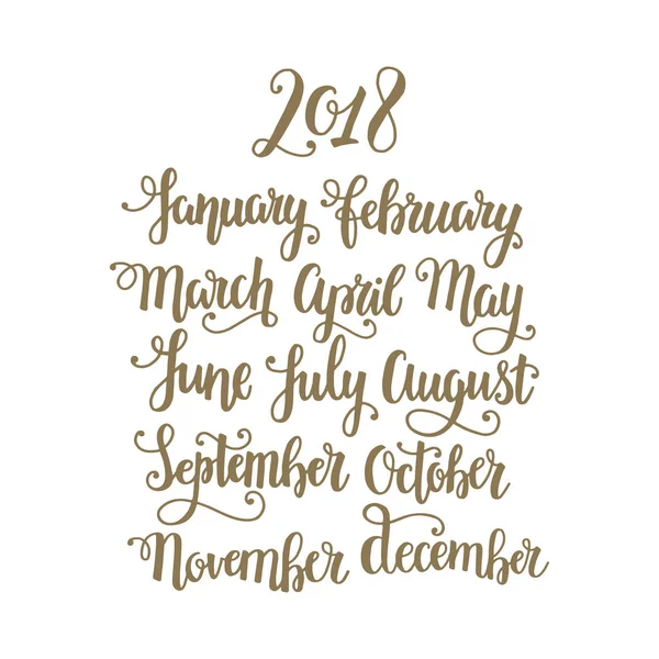 Μήνες Του Έτους 2018 Χειρόγραφη Διάνυσμα Καλλιγραφία Χρυσό Χέρι Γράμματα — Διανυσματικό Αρχείο