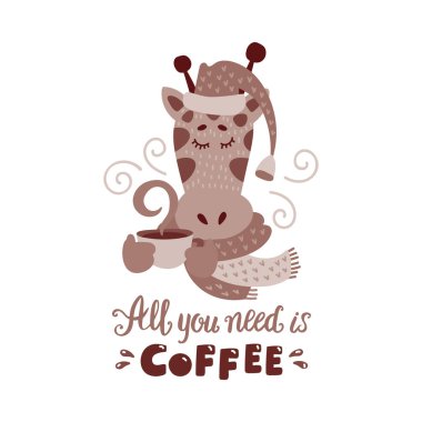 Sevimli hayvan kahve kupa sepya vektör çizim ile. Şapka ve atkı sıcak içecek Kupası ile sevimli zürafa. Tatlı karakteri elle çizilmiş çıkartmaları ve baskılar için yazı ile