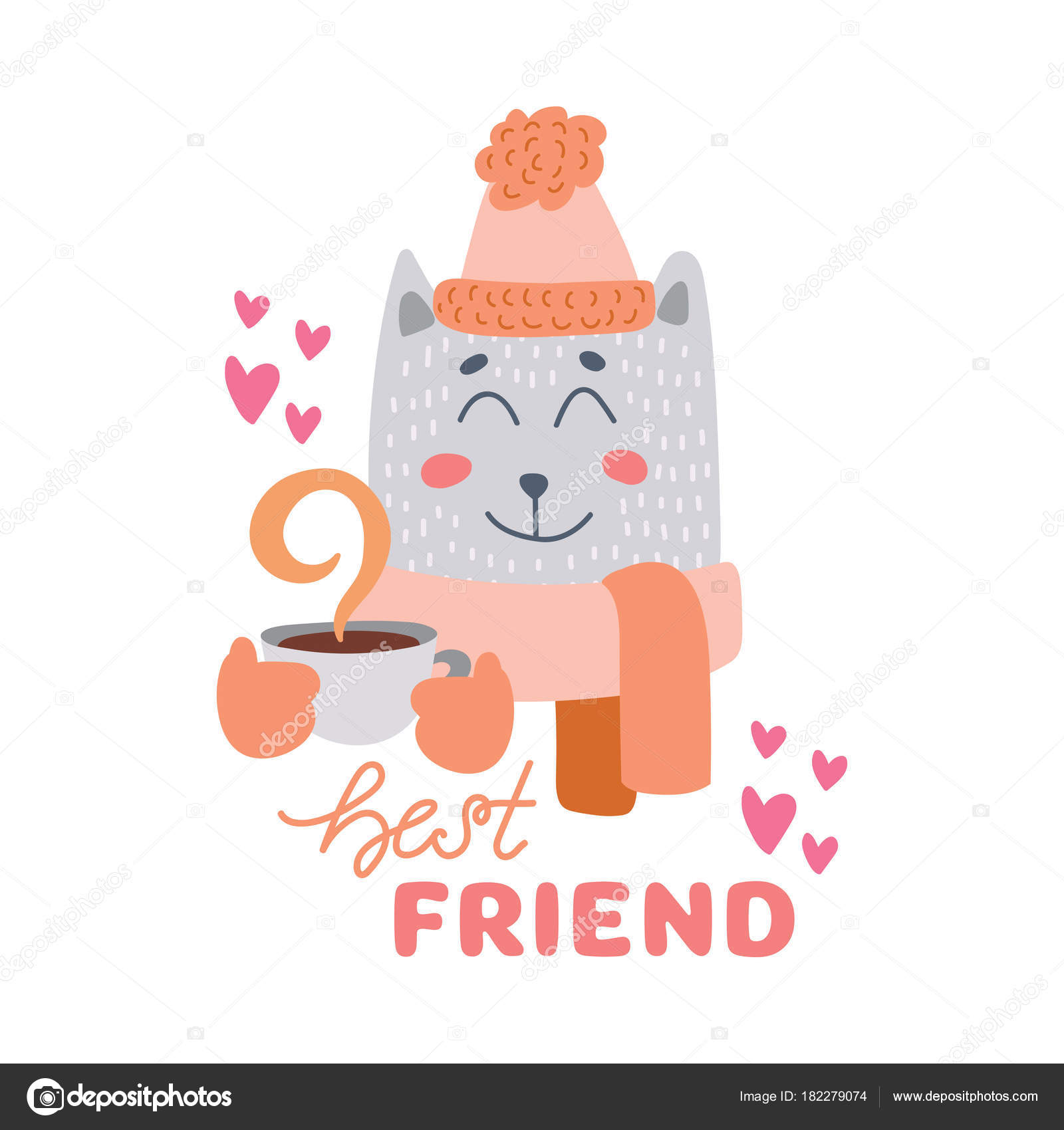 Cute Animal With Coffee Mug Vector Colorful Illustration Lovely Cat In Hat And Scarf Hot Drink Cup Sweet Cartoon Character Hand Drawn Cute Animal With Coffee Mug Vector Colorful Illustration Lovely Cat In Hat And Scarf Hot Drink Cup Sweet Cartoon Character Hand Drawn