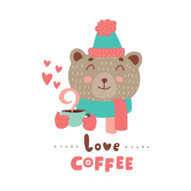 Sevimli hayvan kahve kupa vektör renkli resimde ile. Şapka ve atkı sıcak içecek Kupası ile güzel ayı. Tatlı çizgi film karakteri elle çizilmiş çıkartmaları ve baskılar için yazı ile