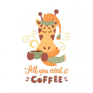 Sevimli hayvan kahve kupa vektör renkli resimde ile. Şapka ve atkı sıcak içecek Kupası ile sevimli zürafa. Tatlı çizgi film karakteri elle çizilmiş çıkartmaları ve baskılar için yazı ile