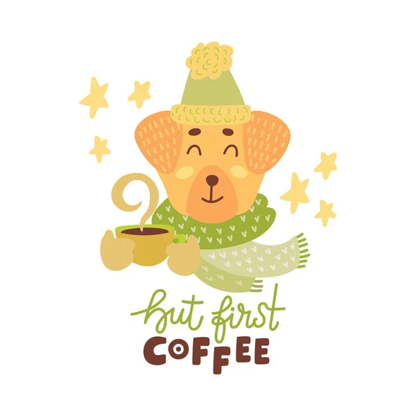 Lindo Animal Con Taza Café Vector Colorido Ilustración Precioso Perro — Archivo Imágenes Vectoriales