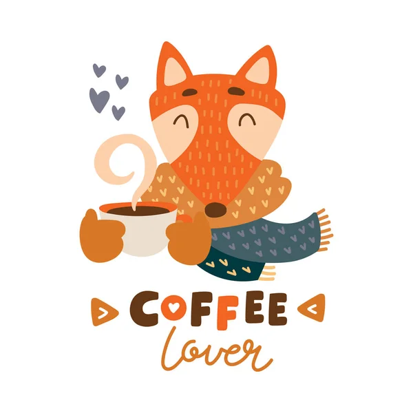 Lindo Animal Con Taza Café Vector Colorido Ilustración Bonito Zorro — Archivo Imágenes Vectoriales