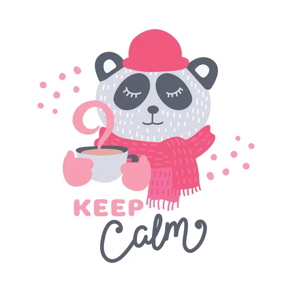 Mignon Animal Avec Tasse Café Vecteur Illustration Colorée Beau Panda — Image vectorielle