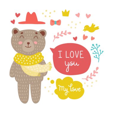 Sevimli ayı aşk kartpostal çizimde ayarlayın. Koleksiyonu renkli tasarım öğeleri ile tatlı hayvan karakter, giyim, kabarcıklar, bitkiler, kuşlar ve çizilmiş yazı el