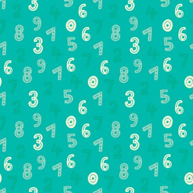 Şirin el çekilen numaralar sorunsuz vektör desen. Yeşil ve mavi matematiksel arka plan. Tatlı doku Tekstil tasarım ve baskı için