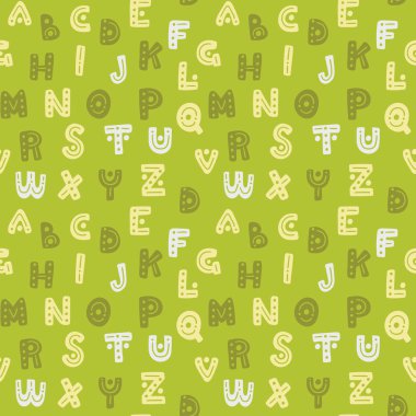 Şirin el çekilmiş alfabe sorunsuz vektör desen. Yeşil dekoratif harfler arka plan. Tatlı doku Tekstil tasarım ve baskı için