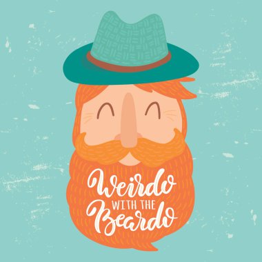 Garip beardo ile. Sevimli vektör yaşlı adam Kızıl Sakal, bıyık ve gülümseme ile şapkalı