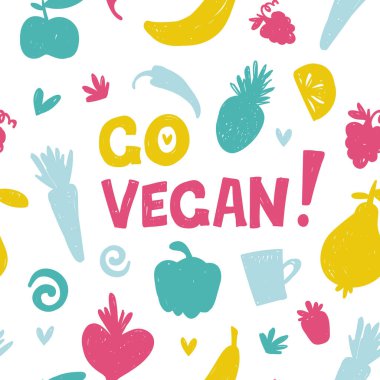 Vegan vektör kusursuz desen. Elle çizilmiş taze sebzeler ve meyveler modern doku. Çevre yeşil çizgi film tasarımı arkaplanı