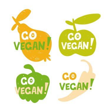 Vejetaryen modern tasarım seti. Çıkartmalar, etiketler ve dekoratif baskılar için sebzeler ve meyveler elle çizilmiş.