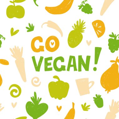 Vegan vektör kusursuz desen. Elle çizilmiş taze sebzeler ve meyveler modern doku. Çevre yeşil çizgi film tasarımı arkaplanı