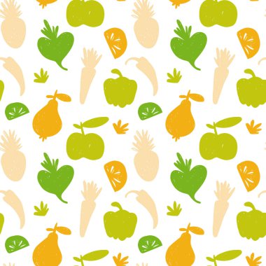 Vegan vektör kusursuz desen. Elle çizilmiş taze sebzeler ve meyveler modern doku. Çevre yeşil çizgi film tasarımı arkaplanı
