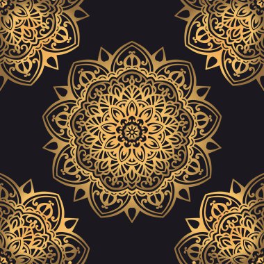 Mandala vektör seamless modeli. Lüks süslü arka plan siyah zemin üzerine altın Arapça elemanları ile. Parmak izi ve dekor için sigorta primi dokusu
