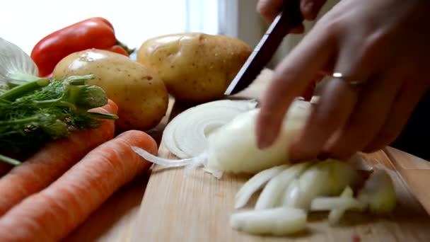 La ragazza inizia a cucinare la zuppa di pollo. Mette il pollo in una pentola, versa l'acqua . — Video Stock