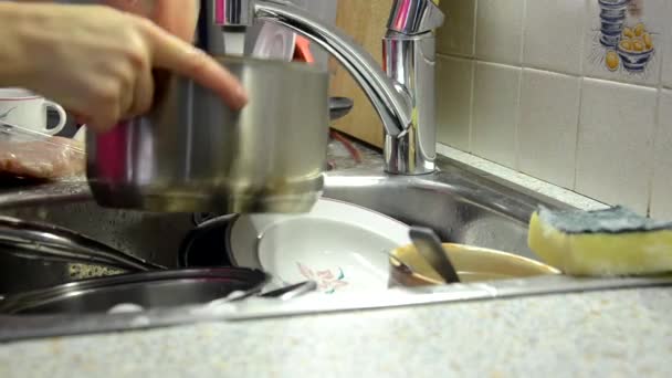 Het meisje begint kippensoep te koken. Plaatst kip in een pan, giet water. — Stockvideo