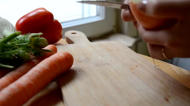 Menina cortando uma cebola vermelha com uma faca na tábua de corte. preparando-se para cozinhar sopa de frango ou guisado de legumes ou salada — Vídeo de Stock