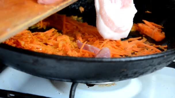 Cucinando in una padella, illuminazione di studio, carne di maiale di fritto di ragazza, manzo con verdure in una padella — Video Stock