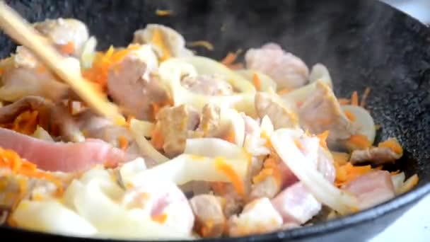 Cozinhar em uma panela de ato de fritar, iluminação de estúdio, porco de batata frita de menina, carne de vaca com verduras em uma panela — Vídeo de Stock